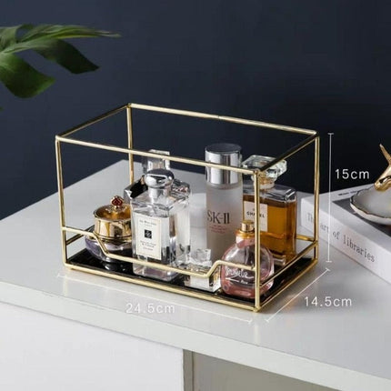 Golden Finish Metal Frame Makeup Organizer | Rotating 2-Tier or Single-Tier | Choose Rectangle or Rounded Shape | Glass Base | Adjustable Compartment System for Skincare & Fragrances | Easy Access Design