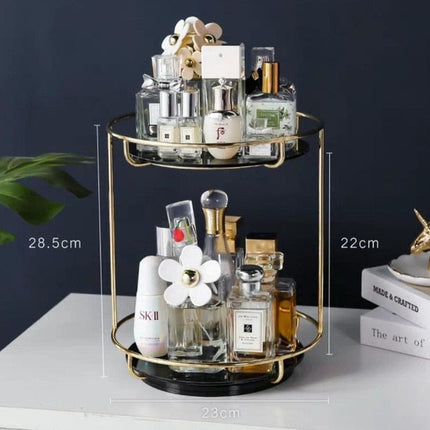 Golden Finish Metal Frame Makeup Organizer | Rotating 2-Tier or Single-Tier | Choose Rectangle or Rounded Shape | Glass Base | Adjustable Compartment System for Skincare & Fragrances | Easy Access Design