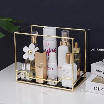 Golden Finish Metal Frame Makeup Organizer | Rotating 2-Tier or Single-Tier | Choose Rectangle or Rounded Shape | Glass Base | Adjustable Compartment System for Skincare & Fragrances | Easy Access Design