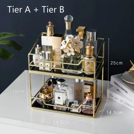Golden Finish Metal Frame Makeup Organizer | Rotating 2-Tier or Single-Tier | Choose Rectangle or Rounded Shape | Glass Base | Adjustable Compartment System for Skincare & Fragrances | Easy Access Design