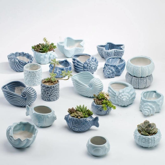 Ceramic Glazed Ocean-Inspired Planters | Coastal Vibe Decorative Pots | Ocean Blue & Teal Options | Various Sizes Available