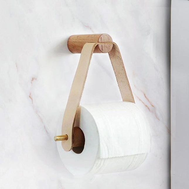 Luxury Leatherette & Oak Toilet Paper Holder | White & Wood Finish | Modern Bathroom Accessory | Easy Installation | Fits Mega Rolls | 7" x 8" Size | Elegant Home Decor Addition