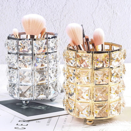 Gold & Silver Crystal Make-up Brush Organizer | Cylindrical Design | Metal Frame with Feet | Home Vanity Storage Solution | 8 x 12cm | Single Holder