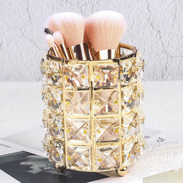 Gold & Silver Crystal Make-up Brush Organizer | Cylindrical Design | Metal Frame with Feet | Home Vanity Storage Solution | 8 x 12cm | Single Holder