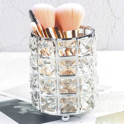 Gold & Silver Crystal Make-up Brush Organizer | Cylindrical Design | Metal Frame with Feet | Home Vanity Storage Solution | 8 x 12cm | Single Holder