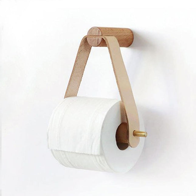 Luxury Leatherette & Oak Toilet Paper Holder | White & Wood Finish | Modern Bathroom Accessory | Easy Installation | Fits Mega Rolls | 7" x 8" Size | Elegant Home Decor Addition
