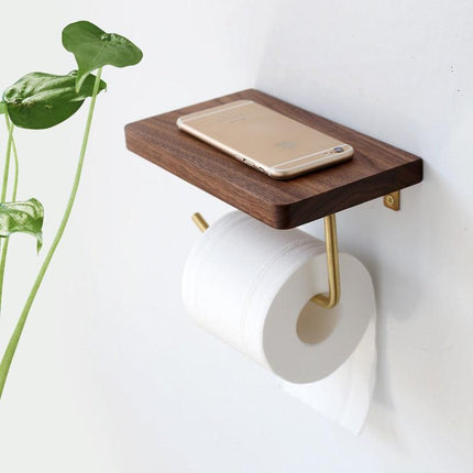 Wooden Toilet Roll Holder | Beech/Black Walnut | Brass Accents | Eco-Friendly Design | Durable | Smooth Surface | Easy Installation | Platform for Phone/Items | Elegant Bathroom Accessory
