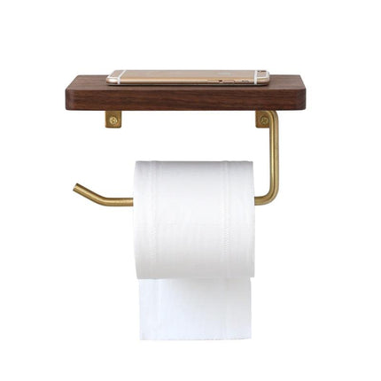 Wooden Toilet Roll Holder | Beech/Black Walnut | Brass Accents | Eco-Friendly Design | Durable | Smooth Surface | Easy Installation | Platform for Phone/Items | Elegant Bathroom Accessory