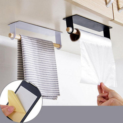 Adhesive Paper Towel Holder | Iron & Wood Design | Detachable Rod | Rust-Resistant | Easy Installation | For Kitchen, Bathroom, Laundry | Mounts on Smooth Surfaces | Size 25.5 x 6 x 6cm