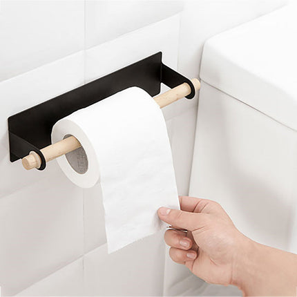 Adhesive Paper Towel Holder | Iron & Wood Design | Detachable Rod | Rust-Resistant | Easy Installation | For Kitchen, Bathroom, Laundry | Mounts on Smooth Surfaces | Size 25.5 x 6 x 6cm