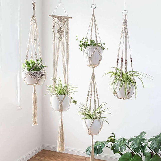 Handmade Macrame Plant Hanger Set | 4-Piece Boho Decor | Vintage Ivory Cotton Rope | Hanging Planters for Indoor Plants | Fits Pots Up to 7" | Eco-Friendly and Durable | Perfect for Home Indoor Use