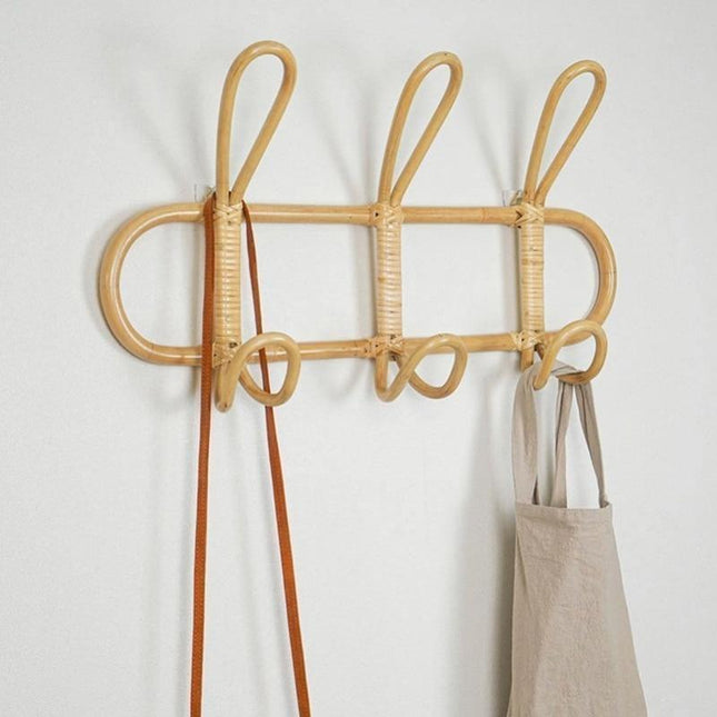Natural Rattan Trio Hook Wall Hanger | Nursery Room Organizer | 3 Hook Design | 8"x16" | Space-Saving Wall-Mounted Decor