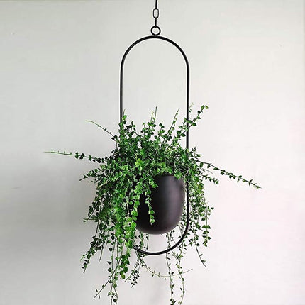 Durable Halo Iron Hanging Planter | Inky Black or Gold | Circular or Oblong Shape | Modern Indoor/Outdoor Decor | Includes Metal Chain & Hardware | Minimalist Design for Plants