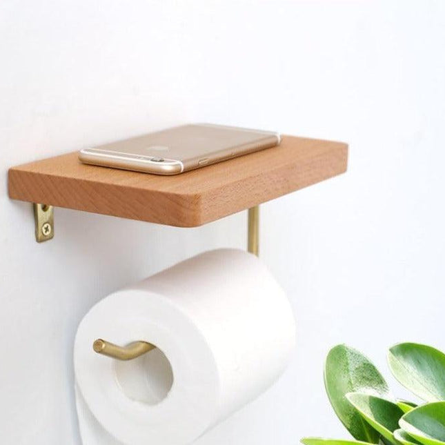 Wooden Toilet Roll Holder | Beech/Black Walnut | Brass Accents | Eco-Friendly Design | Durable | Smooth Surface | Easy Installation | Platform for Phone/Items | Elegant Bathroom Accessory