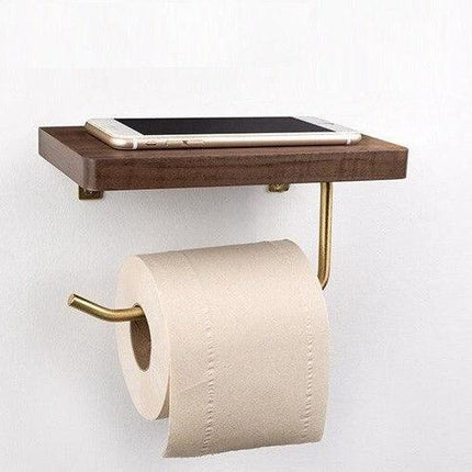 Wooden Toilet Roll Holder | Beech/Black Walnut | Brass Accents | Eco-Friendly Design | Durable | Smooth Surface | Easy Installation | Platform for Phone/Items | Elegant Bathroom Accessory
