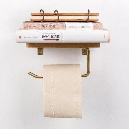 Wooden Toilet Roll Holder | Beech/Black Walnut | Brass Accents | Eco-Friendly Design | Durable | Smooth Surface | Easy Installation | Platform for Phone/Items | Elegant Bathroom Accessory