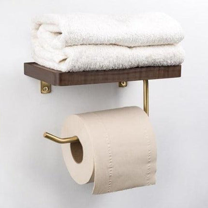 Wooden Toilet Roll Holder | Beech/Black Walnut | Brass Accents | Eco-Friendly Design | Durable | Smooth Surface | Easy Installation | Platform for Phone/Items | Elegant Bathroom Accessory