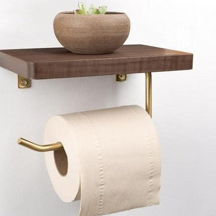 Wooden Toilet Roll Holder | Beech/Black Walnut | Brass Accents | Eco-Friendly Design | Durable | Smooth Surface | Easy Installation | Platform for Phone/Items | Elegant Bathroom Accessory