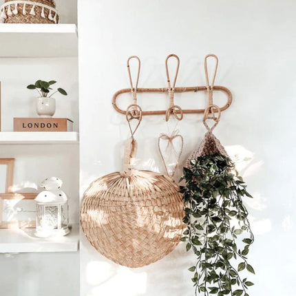 Natural Rattan Trio Hook Wall Hanger | Nursery Room Organizer | 3 Hook Design | 8"x16" | Space-Saving Wall-Mounted Decor