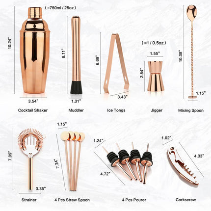 16-Piece Cocktail Mixing Set | Rose Gold or Silver | Includes Shaker, Jigger, Corkscrew, Mixing Spoon, Muddler, Strainer, Pourers & Stand | Perfect Gift for Cocktail Enthusiasts