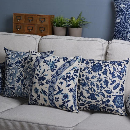 Porcelain-Inspired Throw Pillow Cover | Linen Blend Cushion | Blue Traditional Chinese Patterns | Home Decor Accent | Sizes 45x45cm or 30x50cm | Decorative Pillow Cover Only | Linen Cotton Fabric