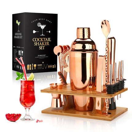 16-Piece Cocktail Mixing Set | Rose Gold or Silver | Includes Shaker, Jigger, Corkscrew, Mixing Spoon, Muddler, Strainer, Pourers & Stand | Perfect Gift for Cocktail Enthusiasts