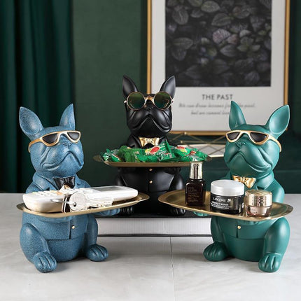 French Bulldog Resin Piggy Bank | Multi-Function Storage Statue | 23.5cm x 19cm x 20cm | Home Decor Accent | Storage Tray & Eyeglasses | Stylish Coin Bank & Candy Box