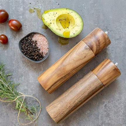 Acacia Wood Salt & Pepper Mills | Ceramic Grinder Mechanism | 8.5" Tall | Handcrafted Natural Wood | Sophisticated Dining Tableware | Easy-to-Use Kitchen Tool | Gift Box Included