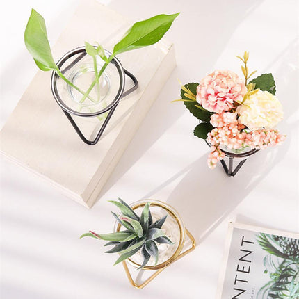 Modern Glass Propagation Vase with Geometric Iron Stand | Transparent Plant Pot | Perfect Desktop Decoration | 7x7x10.5cm | Home Decor | Baby Plant Propagation Vessel | Easy to Clean and Maintain