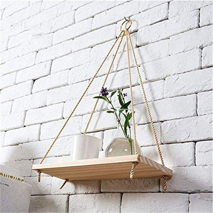 Rope Hanging Wall Shelf | Rustic Paulownia Wood & Jute | Indoor & Outdoor | Decorative Display for Plants, Photos, Collectibles | Easy Installation | Mold Resistant | 35x14x0.85cm