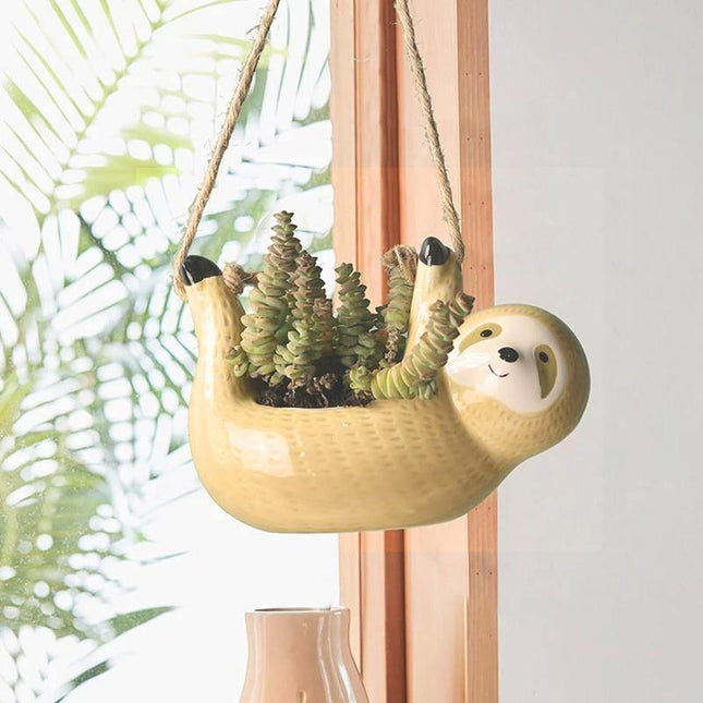 Sloth-Shaped Wall Hanging Ceramic Planter | Decorative Succulent Holder for Indoor Spaces | Gray & Yellow Ornament | Unique Gift Idea | Cute Animal Design for Living Room, Bedroom, Nursery