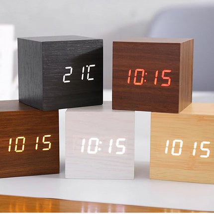 LED Cube Alarm Clock | Snooze Function | Temperature Display | 3 Display Modes | LED Light Screen | Compact Size | USB or Battery Powered | Faux Wood-Grain Finish | 4 Color Options | 6cm Dimensions