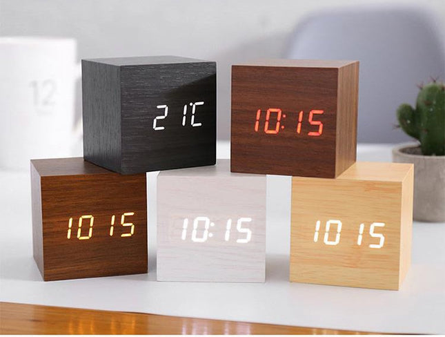 LED Cube Alarm Clock | Snooze Function | Temperature Display | 3 Display Modes | LED Light Screen | Compact Size | USB or Battery Powered | Faux Wood-Grain Finish | 4 Color Options | 6cm Dimensions