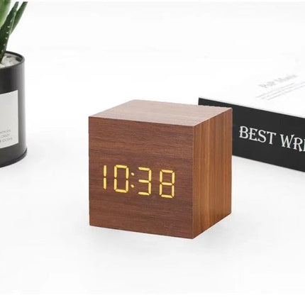 LED Cube Alarm Clock | Snooze Function | Temperature Display | 3 Display Modes | LED Light Screen | Compact Size | USB or Battery Powered | Faux Wood-Grain Finish | 4 Color Options | 6cm Dimensions