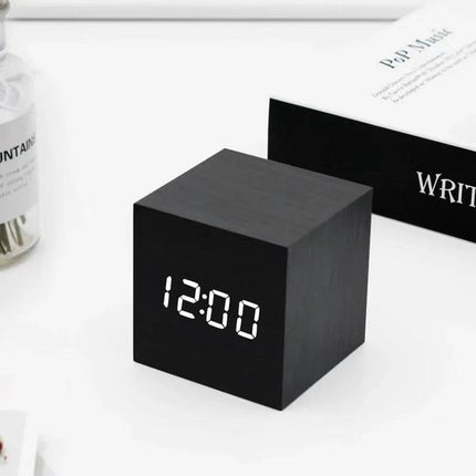 LED Cube Alarm Clock | Snooze Function | Temperature Display | 3 Display Modes | LED Light Screen | Compact Size | USB or Battery Powered | Faux Wood-Grain Finish | 4 Color Options | 6cm Dimensions
