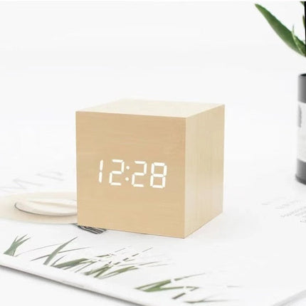 LED Cube Alarm Clock | Snooze Function | Temperature Display | 3 Display Modes | LED Light Screen | Compact Size | USB or Battery Powered | Faux Wood-Grain Finish | 4 Color Options | 6cm Dimensions
