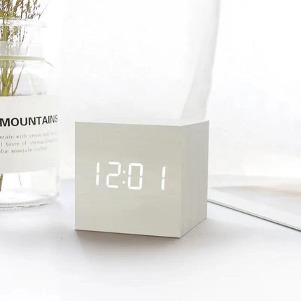 LED Cube Alarm Clock | Snooze Function | Temperature Display | 3 Display Modes | LED Light Screen | Compact Size | USB or Battery Powered | Faux Wood-Grain Finish | 4 Color Options | 6cm Dimensions