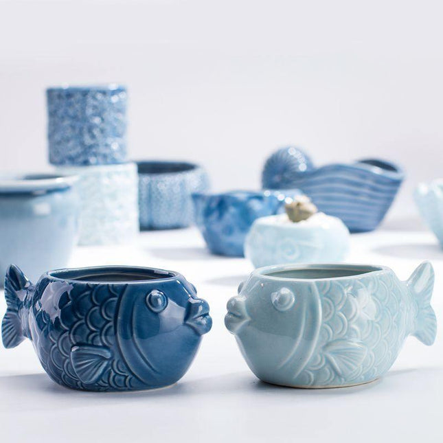 Ceramic Glazed Ocean-Inspired Planters | Coastal Vibe Decorative Pots | Ocean Blue & Teal Options | Various Sizes Available