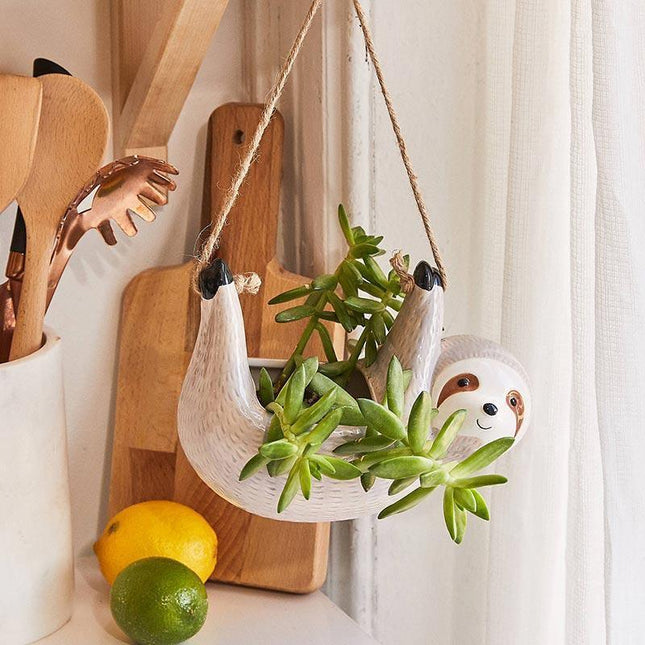 Sloth-Shaped Wall Hanging Ceramic Planter | Decorative Succulent Holder for Indoor Spaces | Gray & Yellow Ornament | Unique Gift Idea | Cute Animal Design for Living Room, Bedroom, Nursery