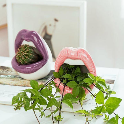 Ceramic Planter with Pouty Lips Design | Fun & Whimsical | Red, Pink, Purple | Durable & Handmade | Heat Resistant & Windproof | Indoor Decoration for Home or Office | Gift Idea | 12x6 cm | 1 Piece