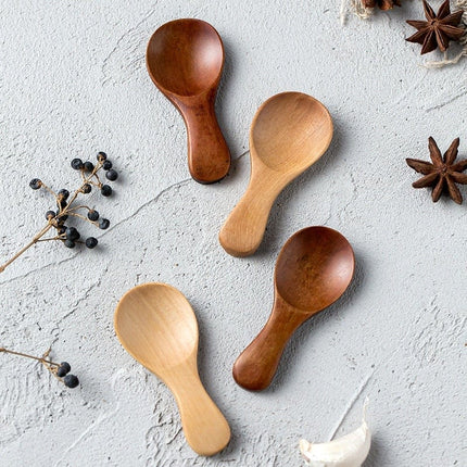 Wooden Condiment Spoons Set | 4 Piece | Schima Superba Wood | Salt & Spice Jar Spoon | Light & Dark Colors | 7.0 x 3.5cm Size | Elegant Pantry Accessory | Hand Wash Only