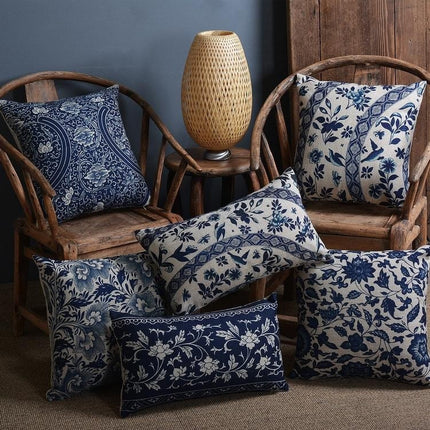 Porcelain-Inspired Throw Pillow Cover | Linen Blend Cushion | Blue Traditional Chinese Patterns | Home Decor Accent | Sizes 45x45cm or 30x50cm | Decorative Pillow Cover Only | Linen Cotton Fabric