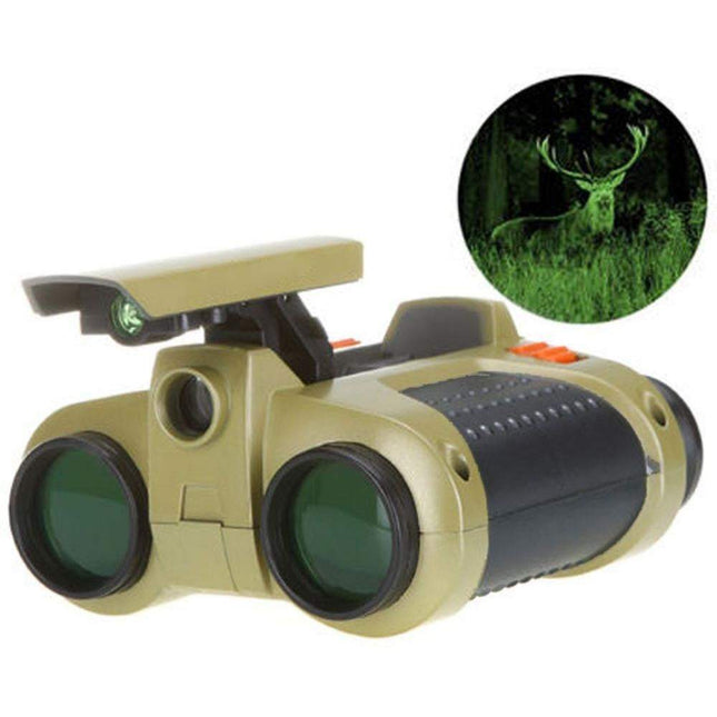 Kids Binoculars | 4x30mm Lens | Night Vision Scope with Pop-Up Light | Green-Tinted Lenses | Neck Strap Included | Outdoor Toys for Children | AAA Battery Powered