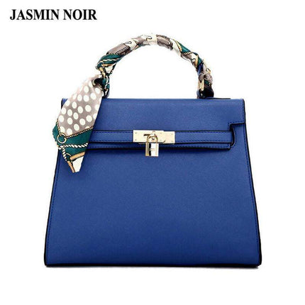 JASMIN NOIR Women's Fashion PU Leather Tote | Crossbody with Scarf Lock | Saffiano Pattern | Solid Color | Zipper Closure | Ribbons and Tassel Decor | Versatile Handbag | Inner Phone Pocket | Size M/S