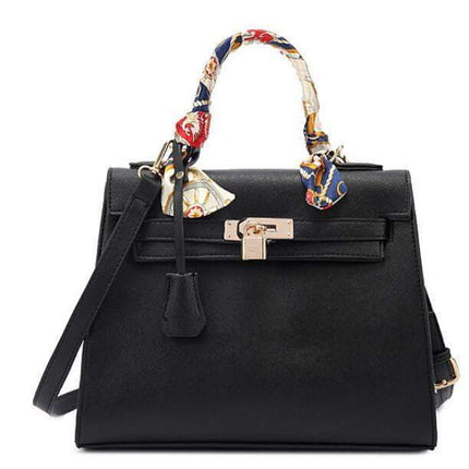 JASMIN NOIR Women's Fashion PU Leather Tote | Crossbody with Scarf Lock | Saffiano Pattern | Solid Color | Zipper Closure | Ribbons and Tassel Decor | Versatile Handbag | Inner Phone Pocket | Size M/S