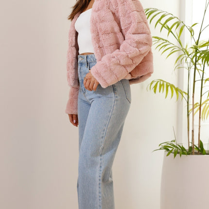 Luxe Women's Soft Faux Fur Crop Jacket | Veloura | Chic Cropped Design | Line Patterns | Metal Claw Clasp | Warm & Stylish | Versatile Outerwear | 100% Polyester | Available in XS - XL