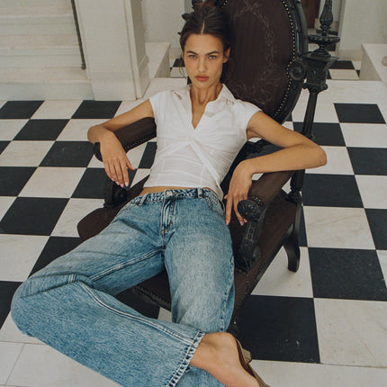 Women's V-Neck Collared Reid Top | Cap Sleeves | Front Twist | Side Zipper | White Blouse