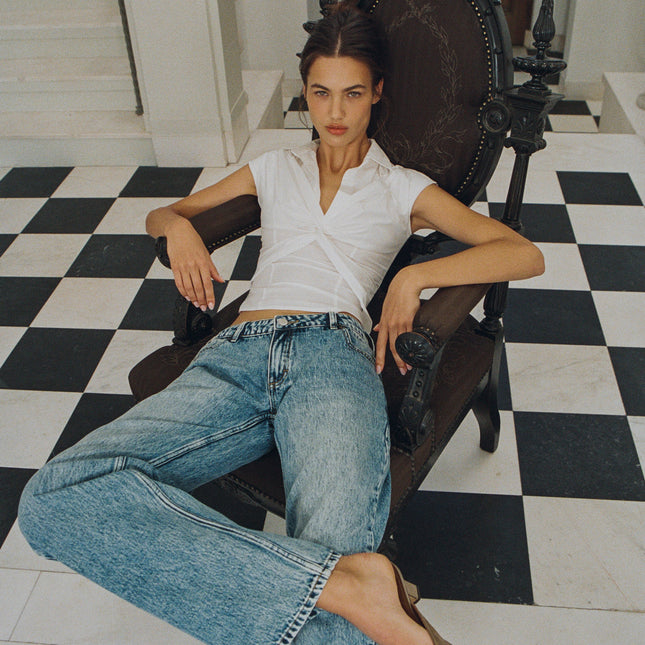 Women's V-Neck Collared Reid Top | Cap Sleeves | Front Twist | Side Zipper | White Blouse