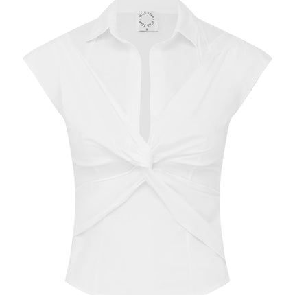 Women's V-Neck Collared Reid Top | Cap Sleeves | Front Twist | Side Zipper | White Blouse