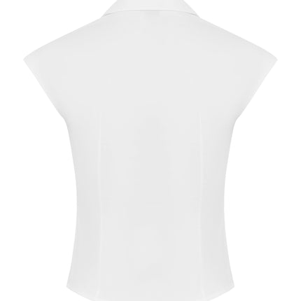 Women's V-Neck Collared Reid Top | Cap Sleeves | Front Twist | Side Zipper | White Blouse